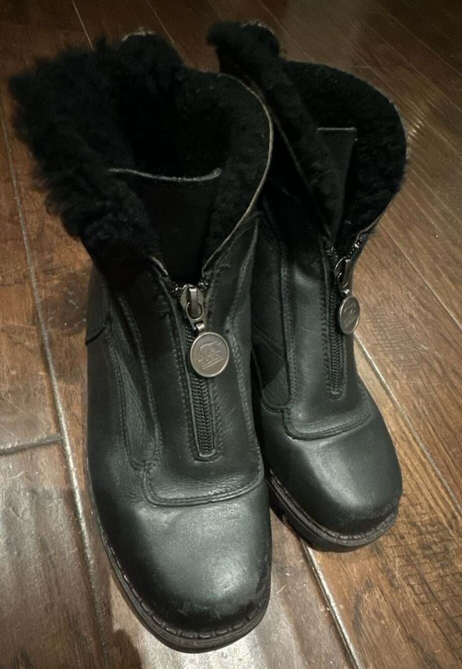 Sorel Charm Black Leather Fur Front-Zip Boots